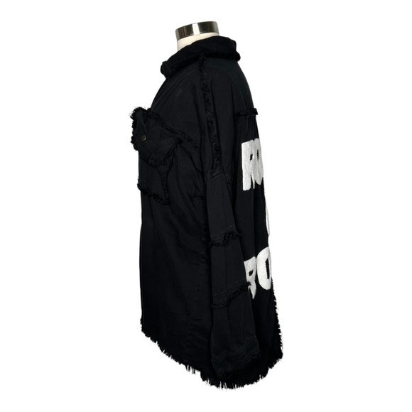 Elan Rock & Roll Denim Shacket Jacket Devan Black Snap Front Frayed Trim Small - Picture 3 of 9